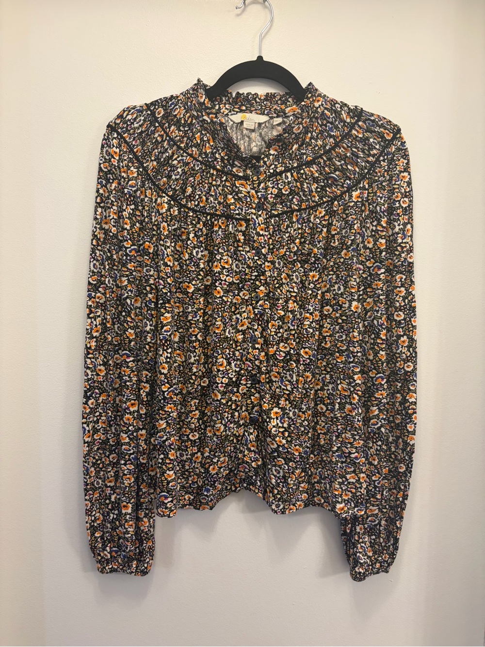 Boden Floral Ruffle Neck Stretch Long Sleeve Button Down Top Blouse US 8 UK 12